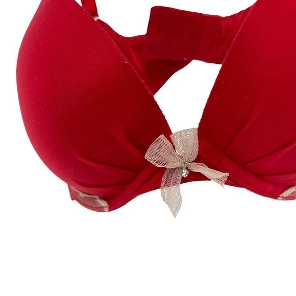 Victorias Secret Fabulous Plunge Bra 32DD Red Polka Dot Lace Underwire Push Up - Picture 2 of 8